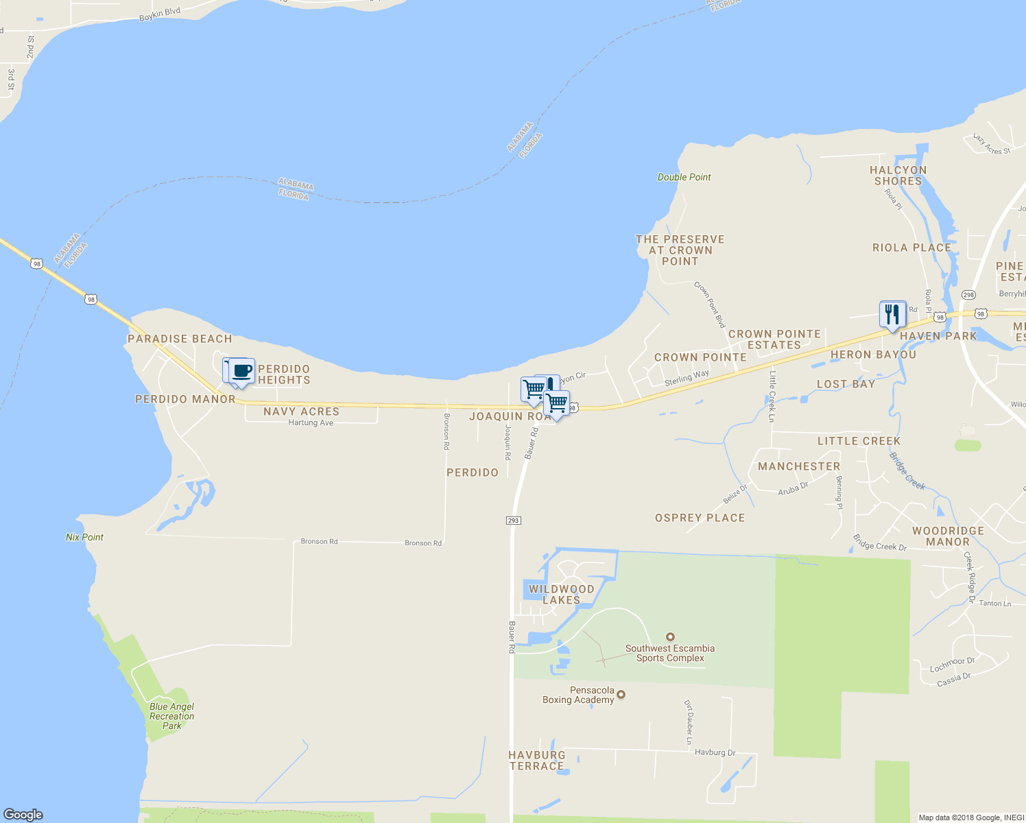 map of restaurants, bars, coffee shops, grocery stores, and more near 1008 Joaquin Road in Pensacola