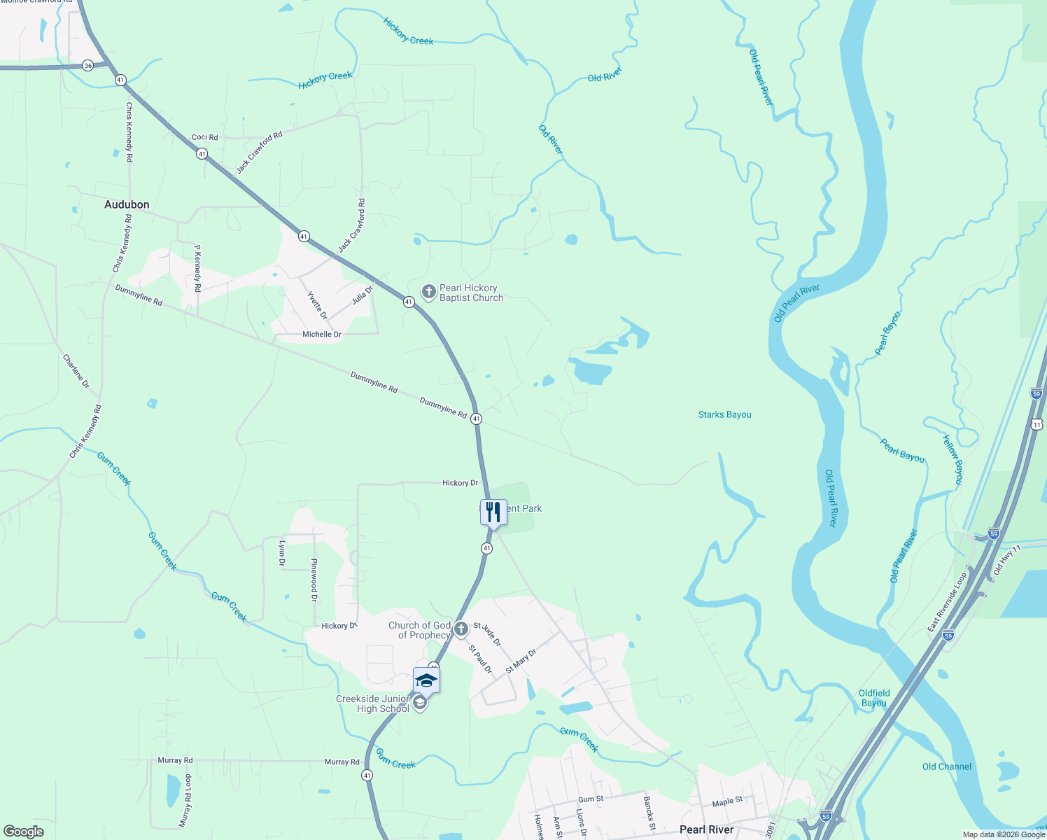 map of restaurants, bars, coffee shops, grocery stores, and more near 66420 Bruce Road in Pearl River