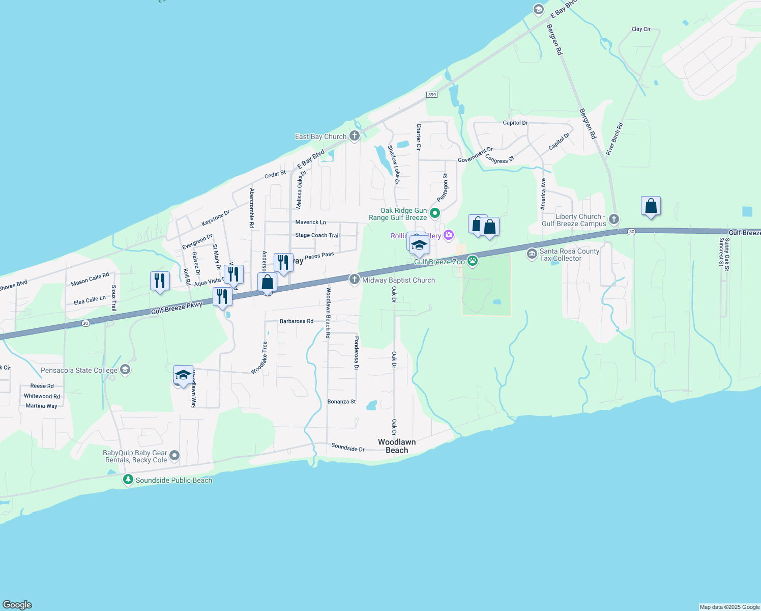 map of restaurants, bars, coffee shops, grocery stores, and more near 5644 Brookwood Drive in Gulf Breeze