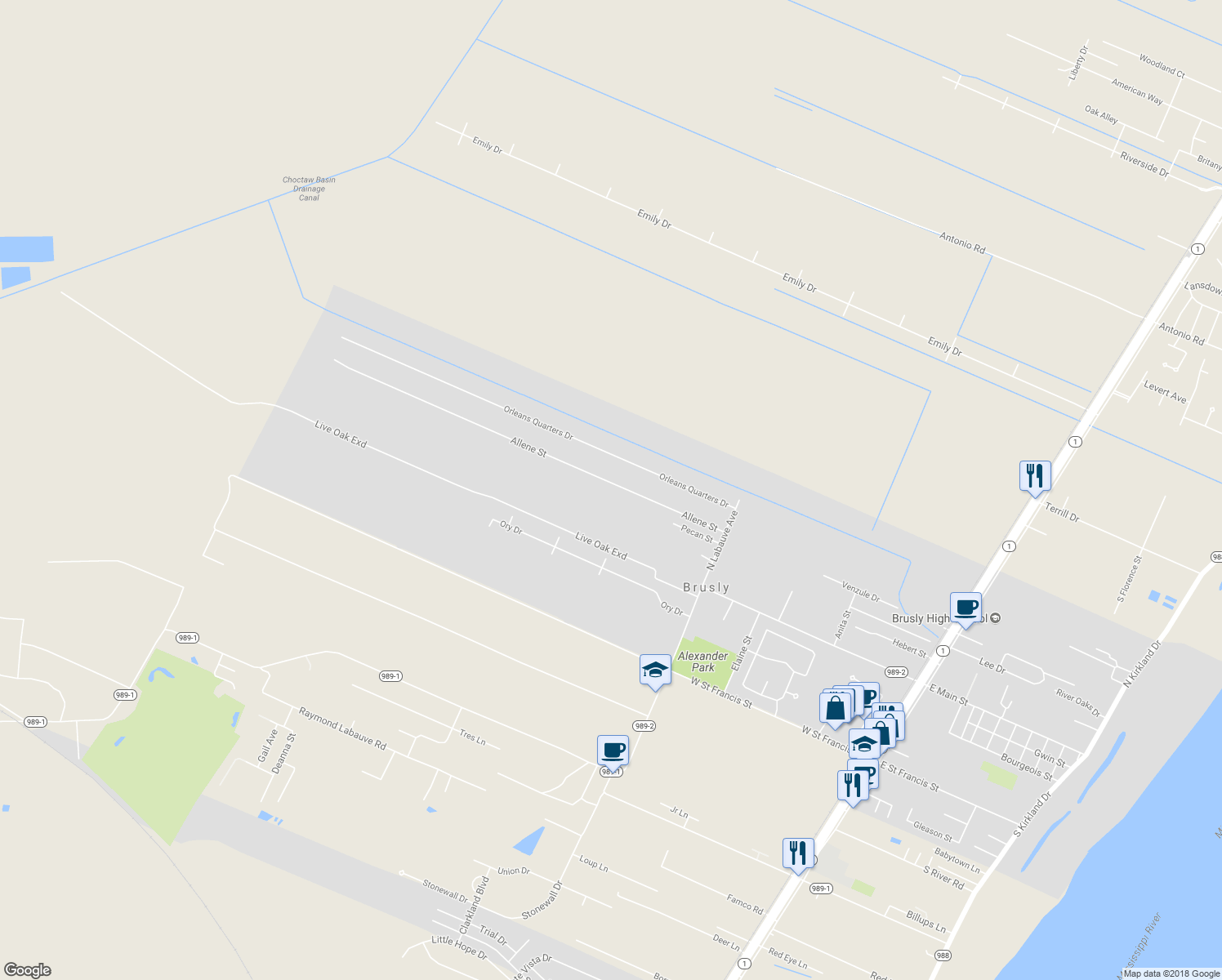 map of restaurants, bars, coffee shops, grocery stores, and more near 2035 Allene Street in Brusly