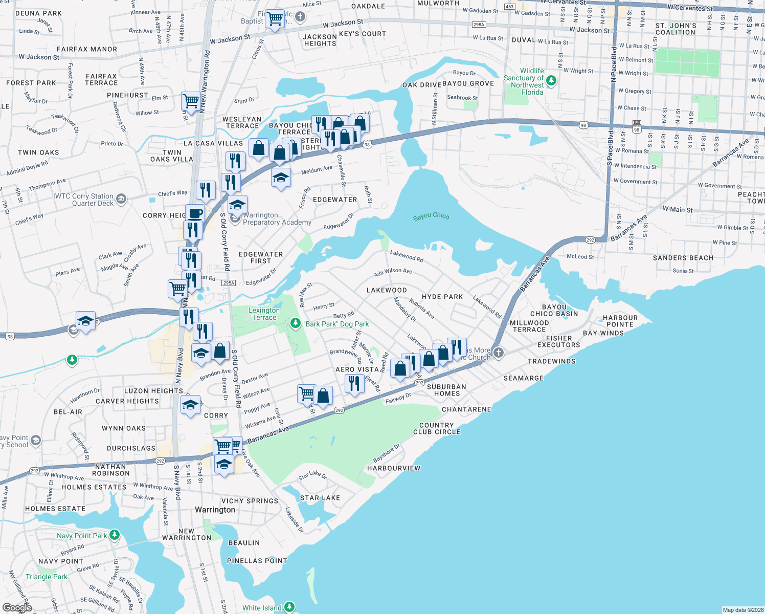 map of restaurants, bars, coffee shops, grocery stores, and more near 309 Ruberia Avenue in Pensacola