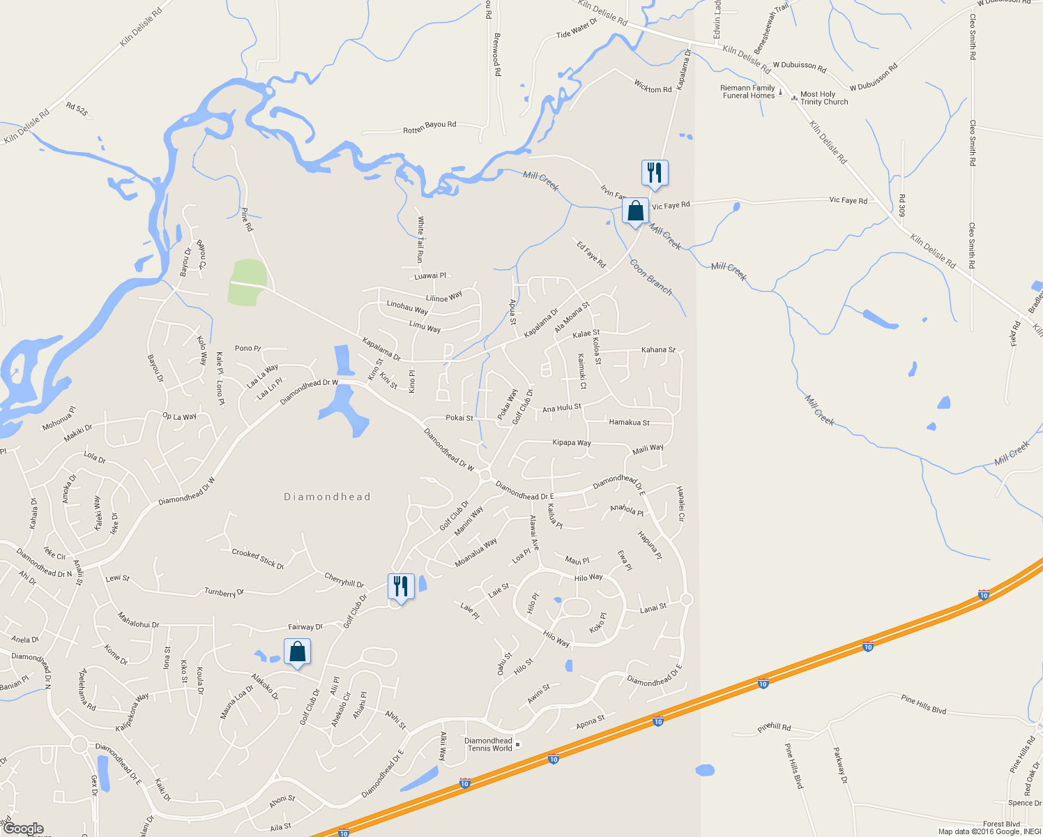 map of restaurants, bars, coffee shops, grocery stores, and more near 98168 Golf Club Drive in Diamondhead