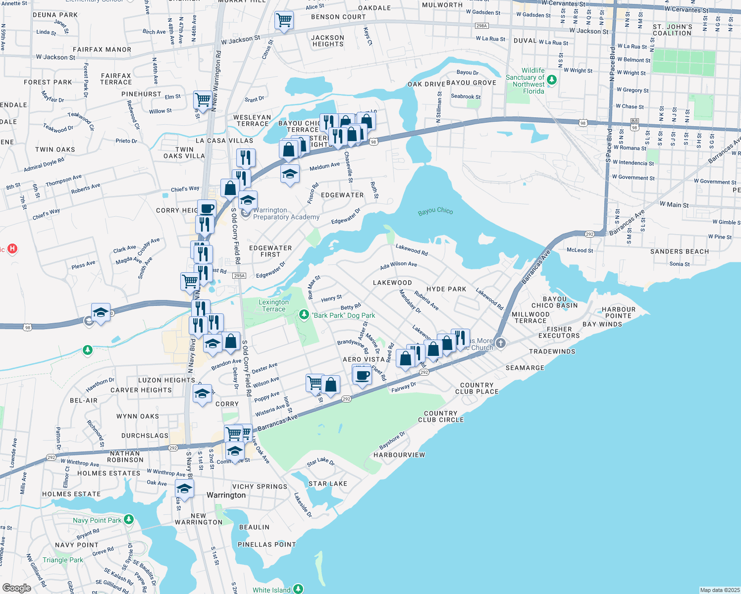 map of restaurants, bars, coffee shops, grocery stores, and more near 307 Lakewood Road in Pensacola