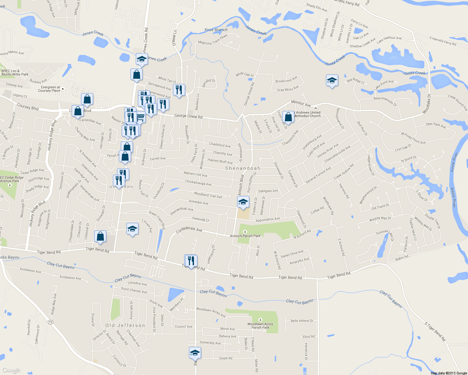 map of restaurants, bars, coffee shops, grocery stores, and more near 5661 Kennesaw Drive in Baton Rouge