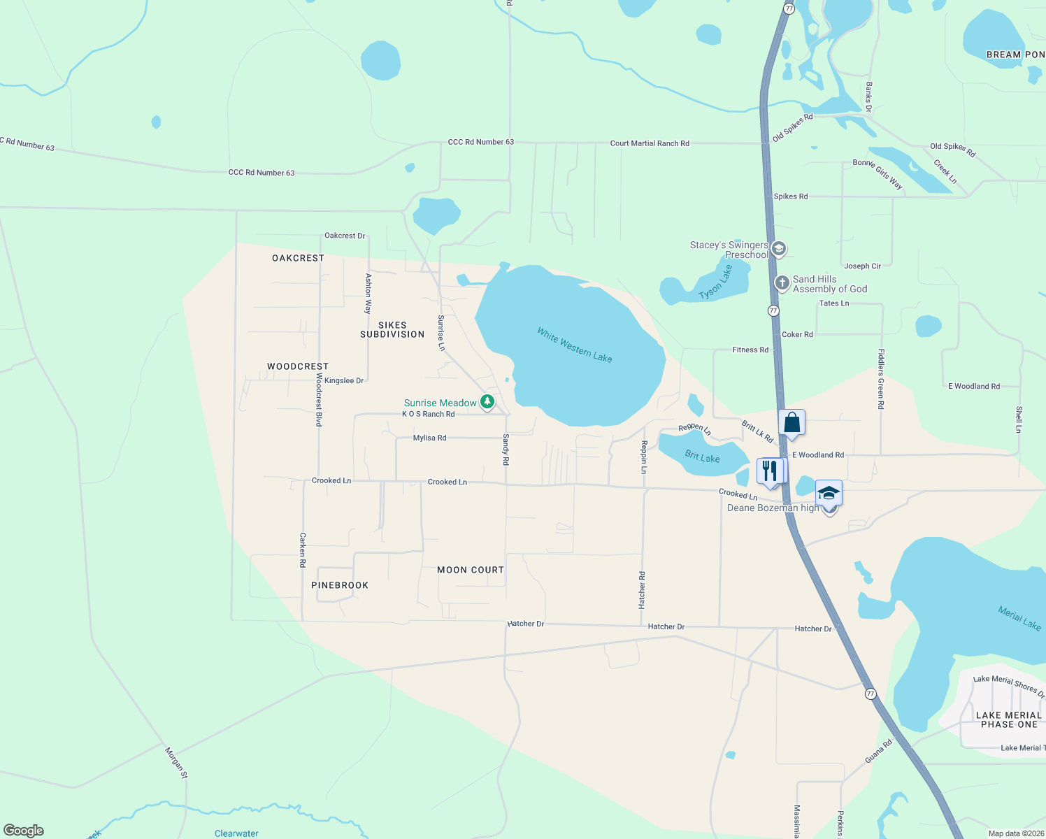 map of restaurants, bars, coffee shops, grocery stores, and more near 13642 Sandy Road in Southport