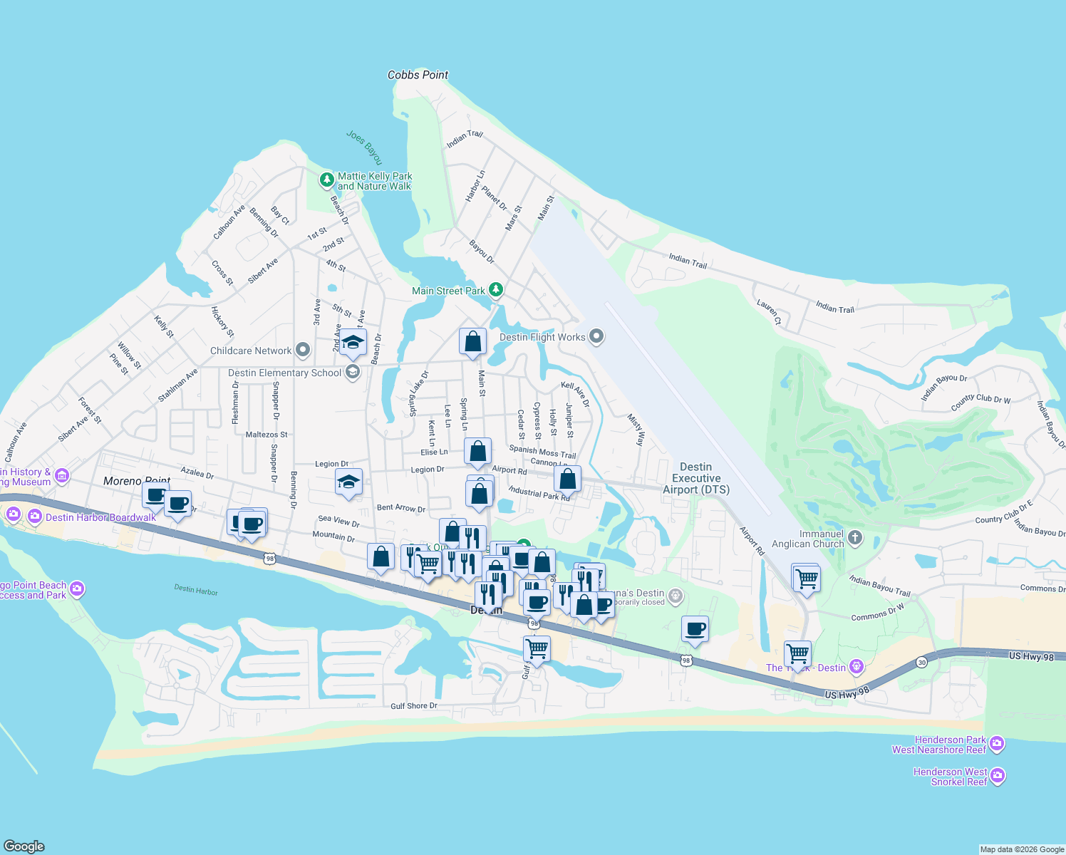 map of restaurants, bars, coffee shops, grocery stores, and more near 309 Cypress Street in Destin