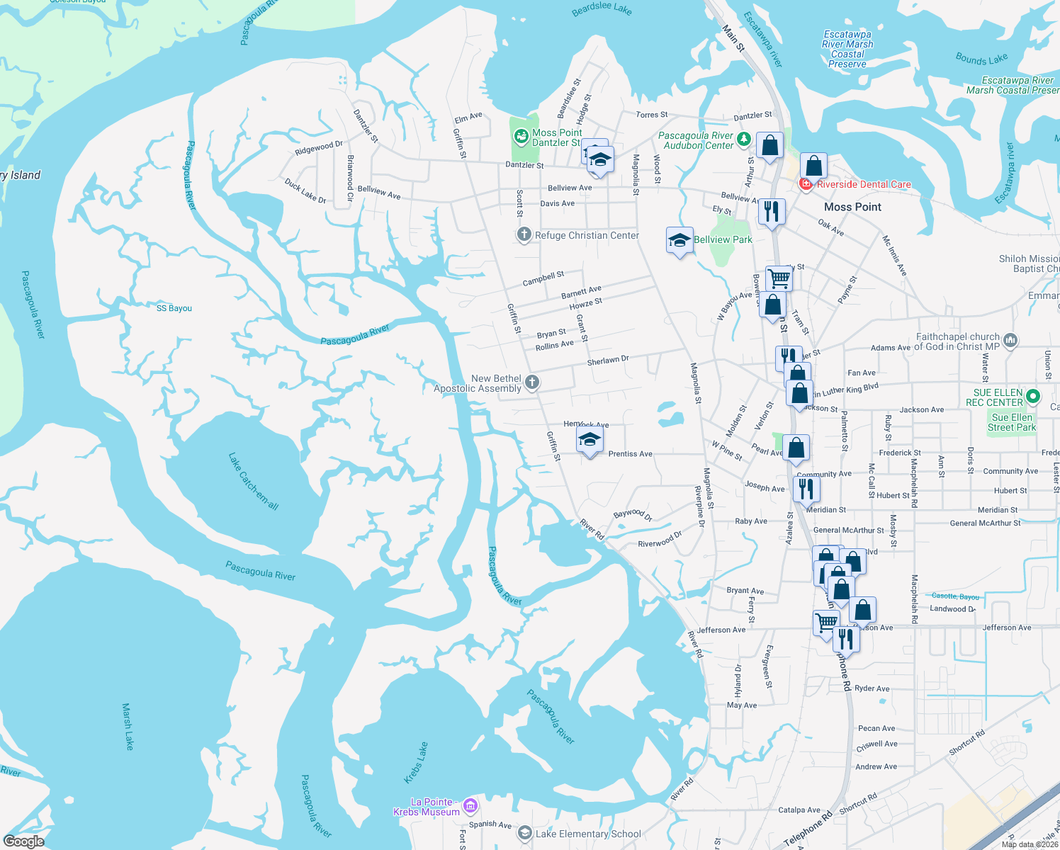 map of restaurants, bars, coffee shops, grocery stores, and more near 3407 Hemlock Avenue in Moss Point