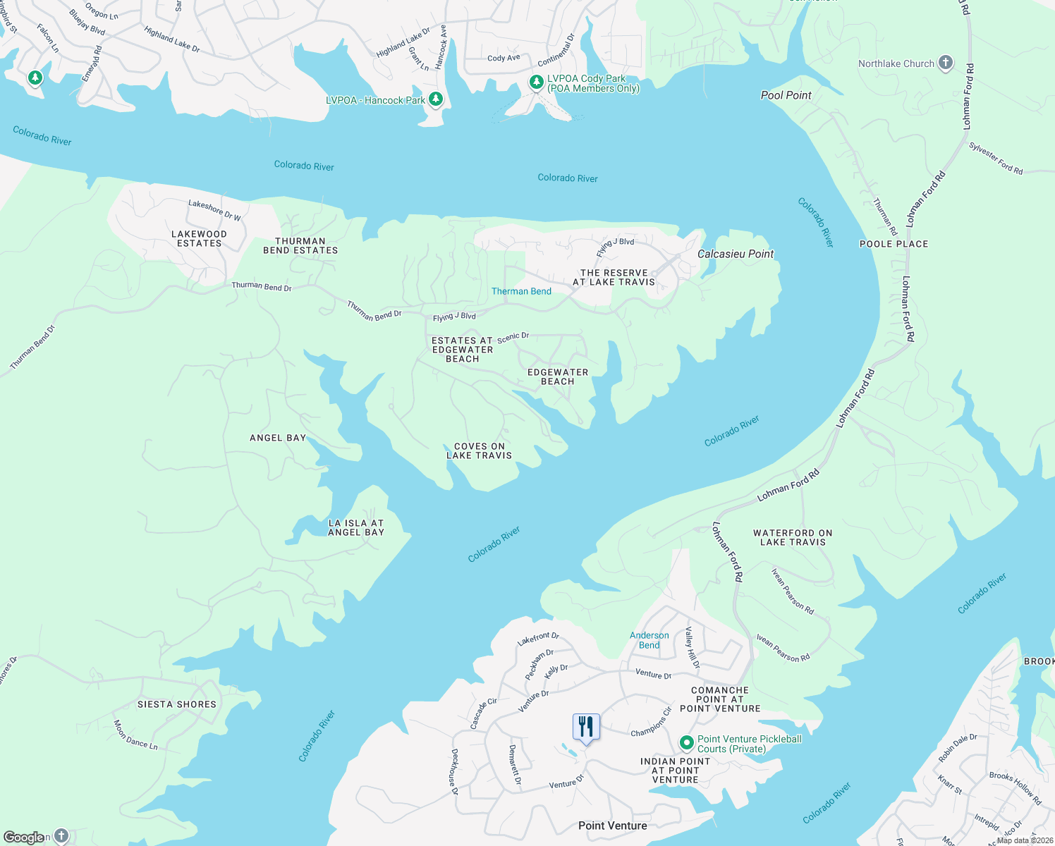 map of restaurants, bars, coffee shops, grocery stores, and more near 19586 Sandcastle Drive in Spicewood