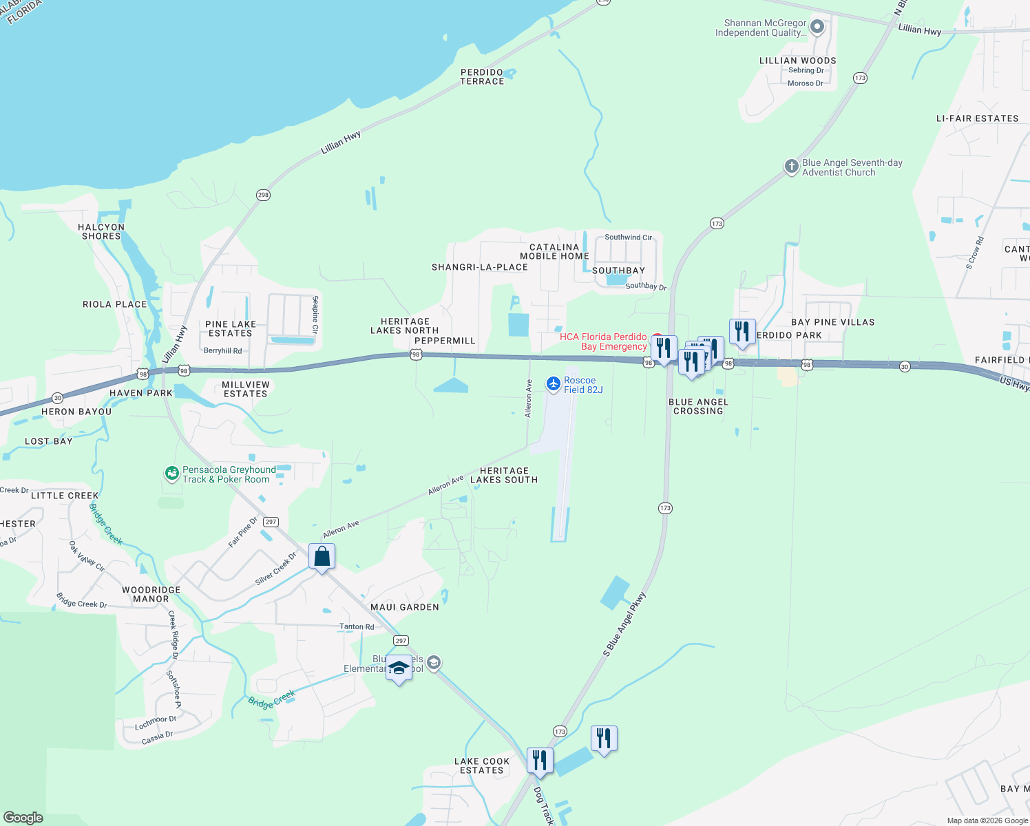 map of restaurants, bars, coffee shops, grocery stores, and more near 9883 Aileron Ave in Pensacola