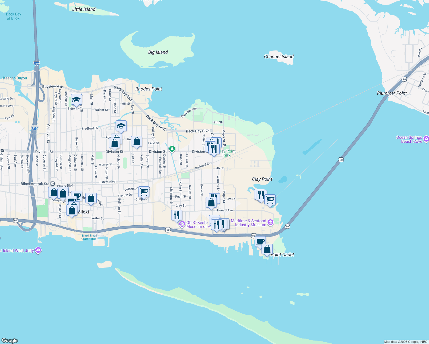 map of restaurants, bars, coffee shops, grocery stores, and more near 236 Oak St in Biloxi