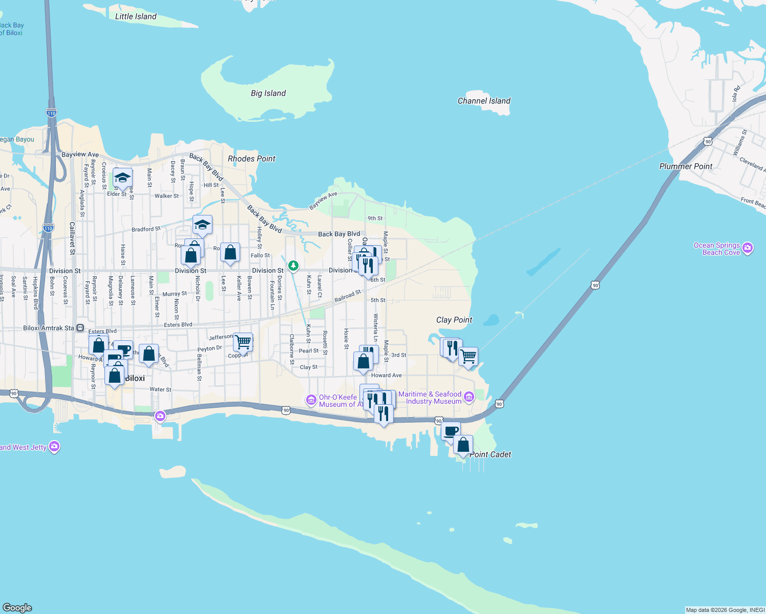 map of restaurants, bars, coffee shops, grocery stores, and more near 251 Maple St in Biloxi