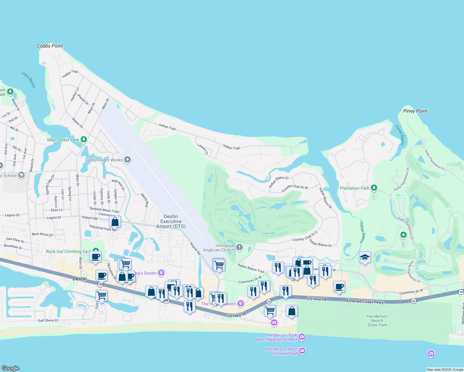 map of restaurants, bars, coffee shops, grocery stores, and more near 5 Creek Court in Destin