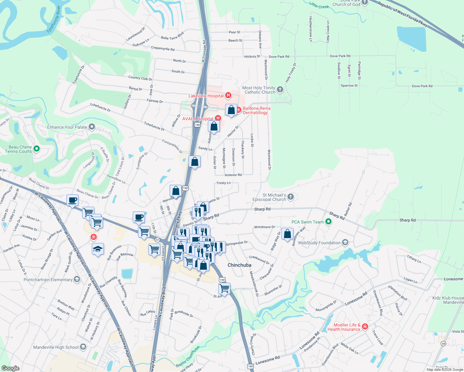 map of restaurants, bars, coffee shops, grocery stores, and more near 27 Rivage Court in Mandeville