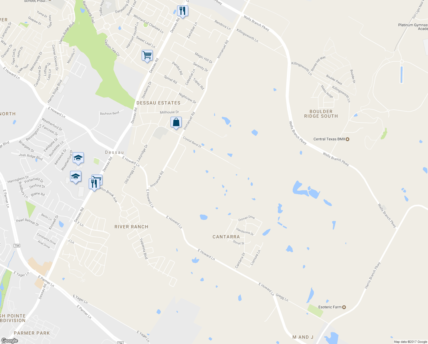 map of restaurants, bars, coffee shops, grocery stores, and more near 2615 Crystal Bend Drive in Pflugerville
