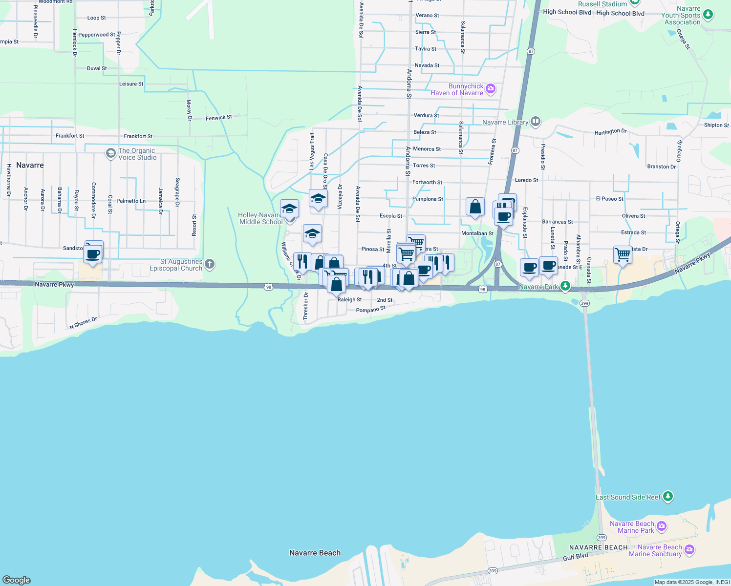 map of restaurants, bars, coffee shops, grocery stores, and more near 8137 Navarre Parkway in Navarre