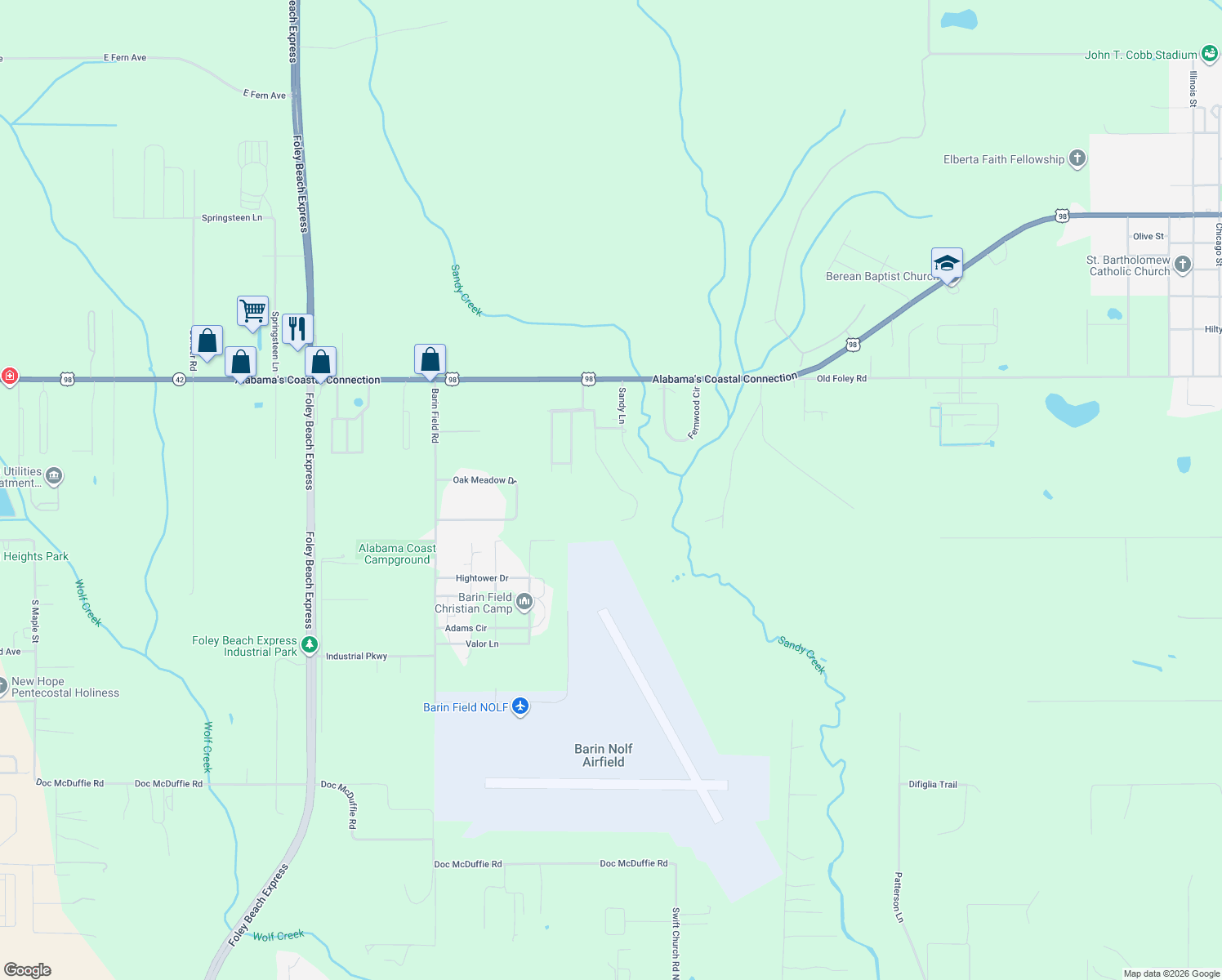 map of restaurants, bars, coffee shops, grocery stores, and more near 12175 Fernwood Dr W in Foley