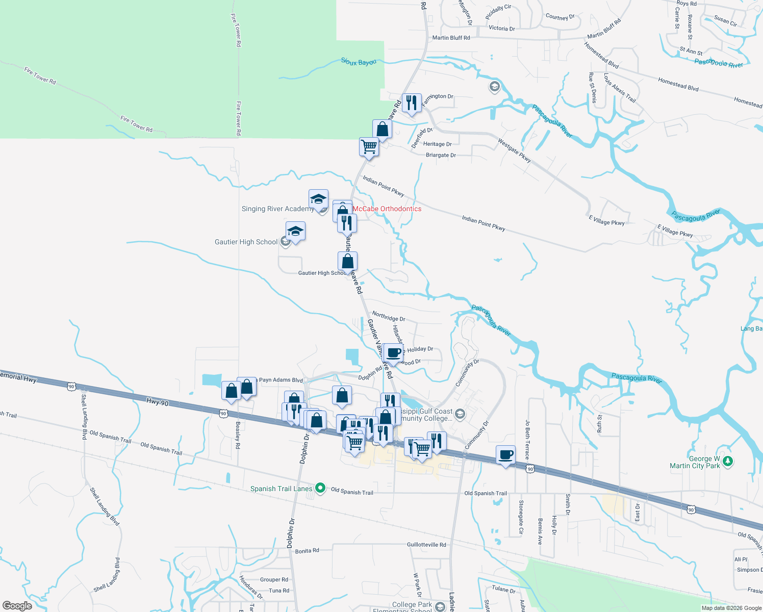 map of restaurants, bars, coffee shops, grocery stores, and more near 2617 Rolling Meadows Road in Gautier