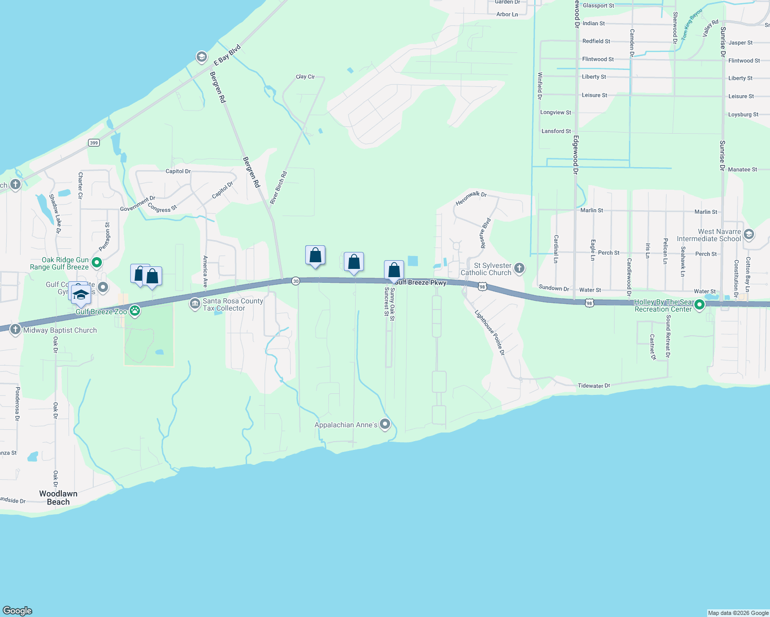map of restaurants, bars, coffee shops, grocery stores, and more near 1825 Suncrest Street in Gulf Breeze