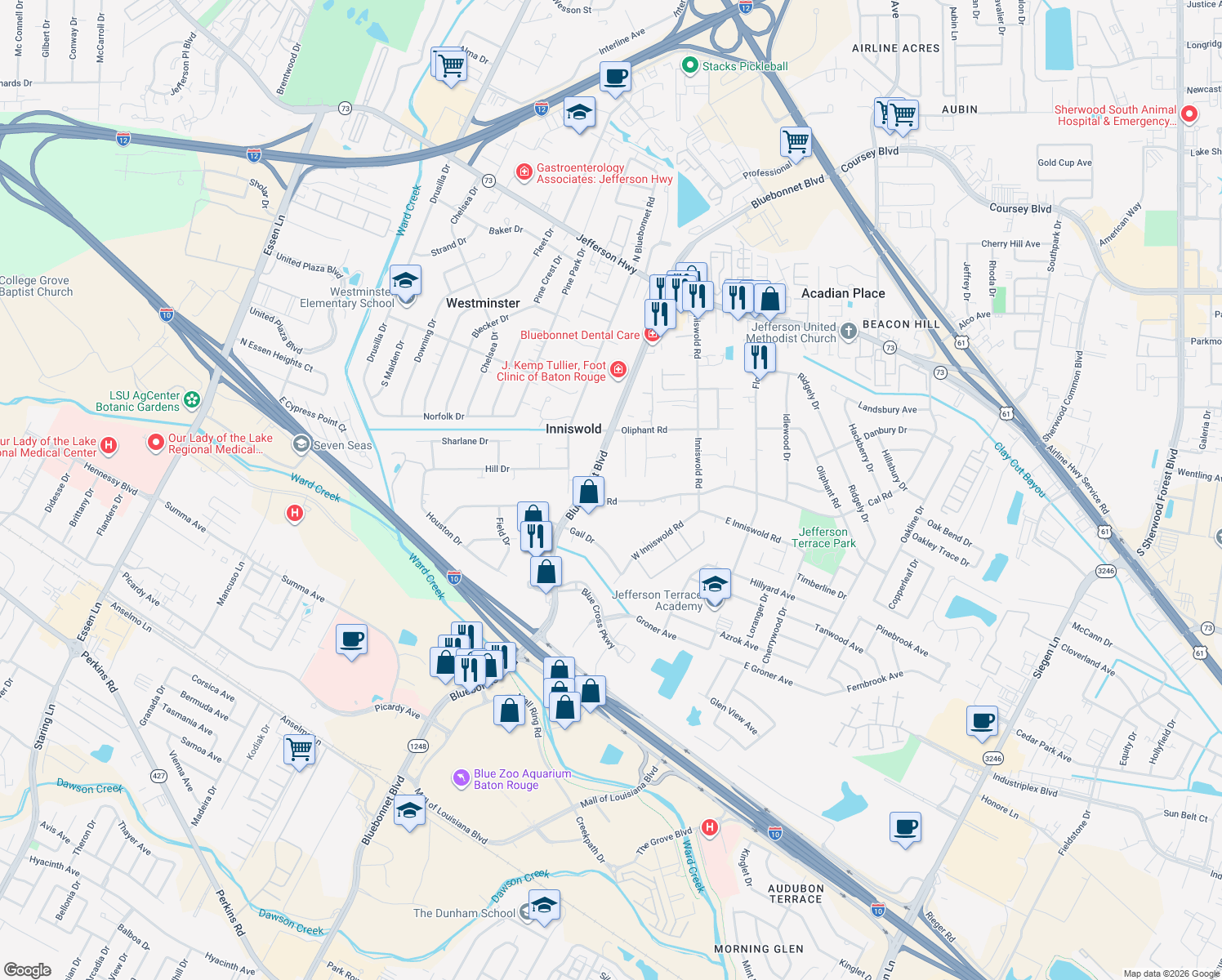 map of restaurants, bars, coffee shops, grocery stores, and more near 9277 Cal Rd in Baton Rouge