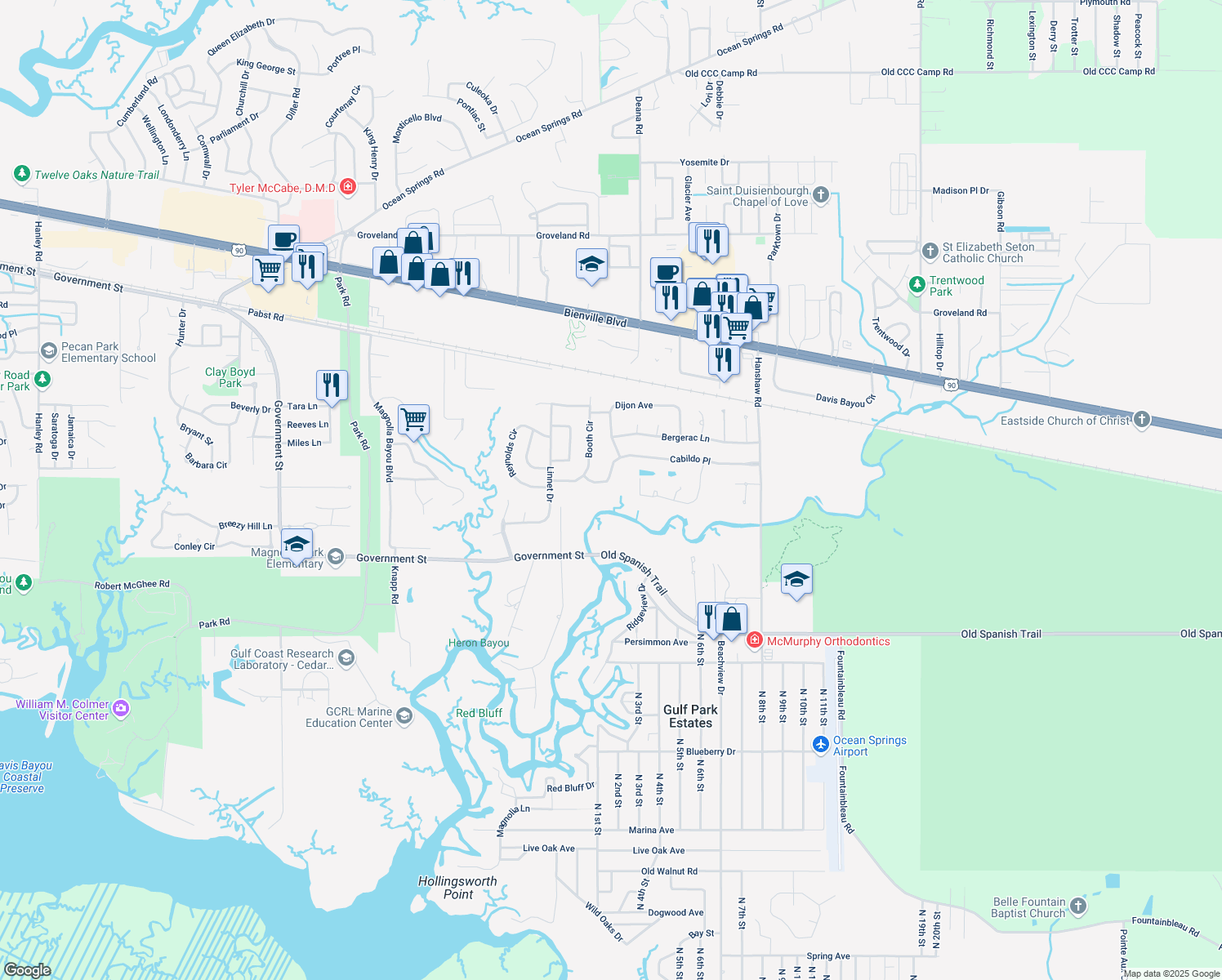map of restaurants, bars, coffee shops, grocery stores, and more near 3710 Cabildo Place in Ocean Springs