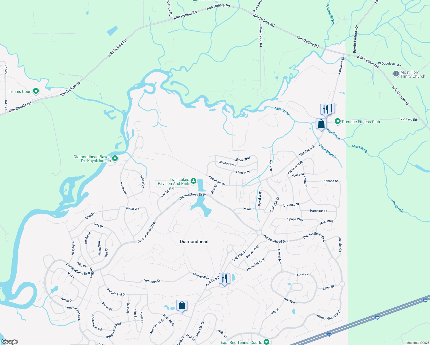 map of restaurants, bars, coffee shops, grocery stores, and more near 9717 Lualini Place in Diamondhead