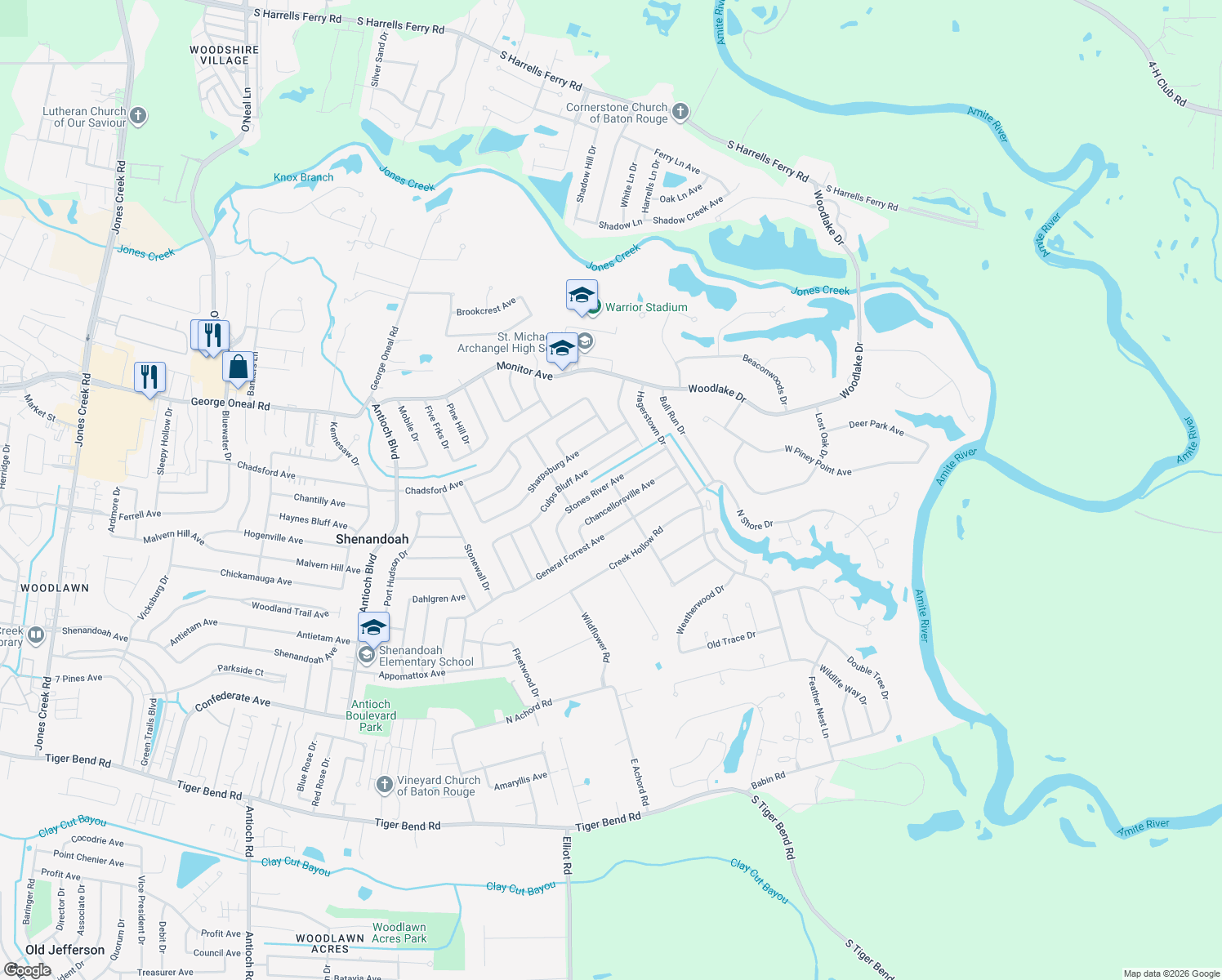 map of restaurants, bars, coffee shops, grocery stores, and more near 5317 Stones River Ave in Baton Rouge