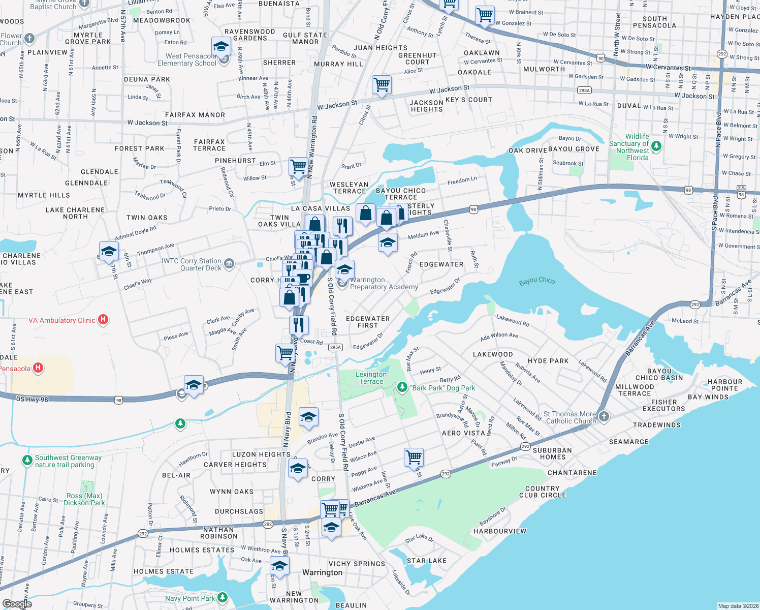 map of restaurants, bars, coffee shops, grocery stores, and more near 521 Frisco Rd in Pensacola