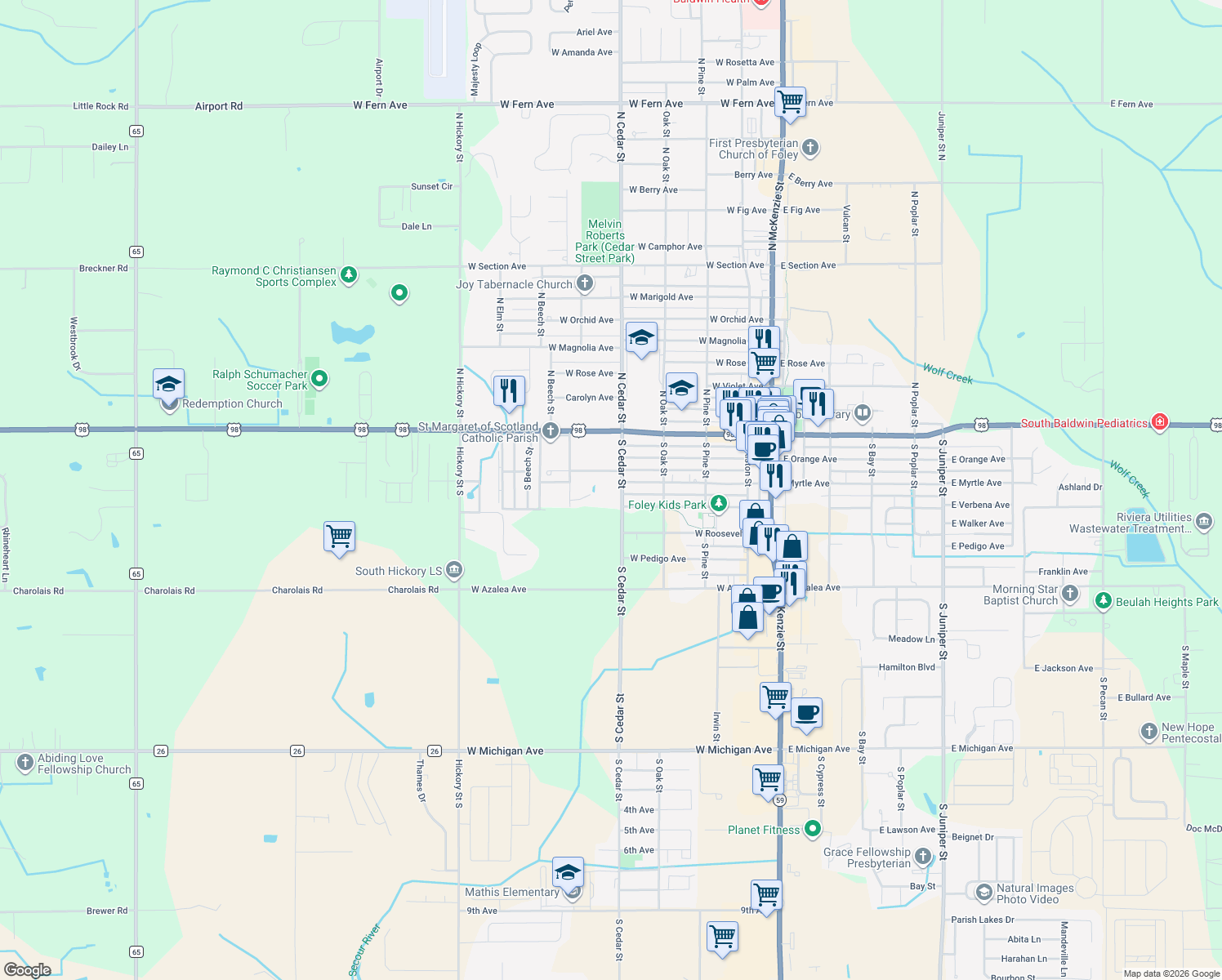 map of restaurants, bars, coffee shops, grocery stores, and more near 310 South Cedar Street in Foley
