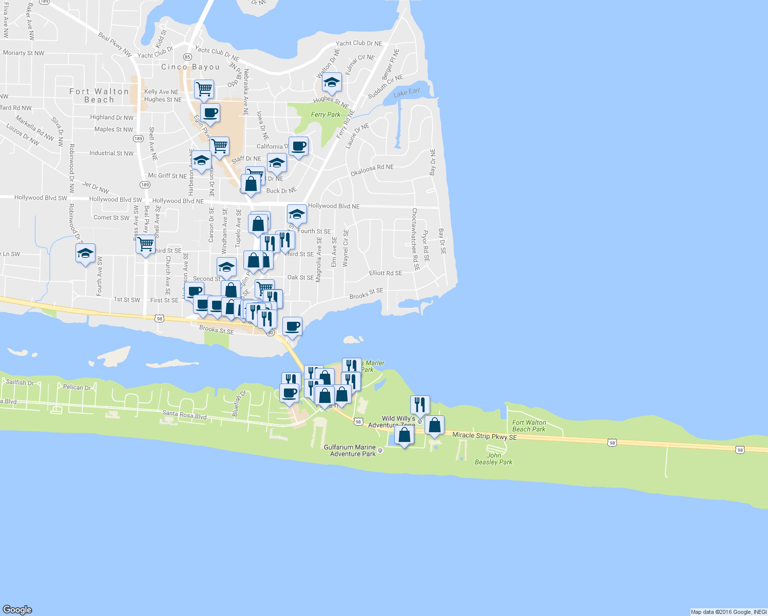 map of restaurants, bars, coffee shops, grocery stores, and more near 206 Hood Avenue Southeast in Fort Walton Beach