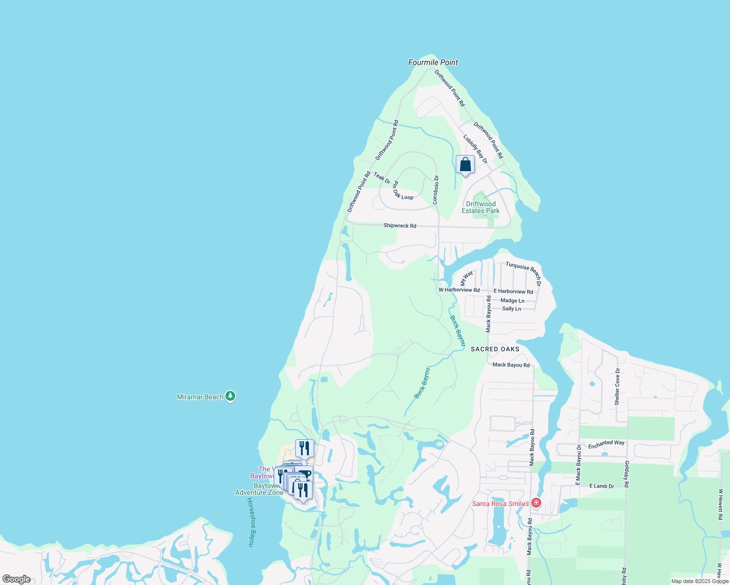 map of restaurants, bars, coffee shops, grocery stores, and more near 3104 Merion Drive in Miramar Beach