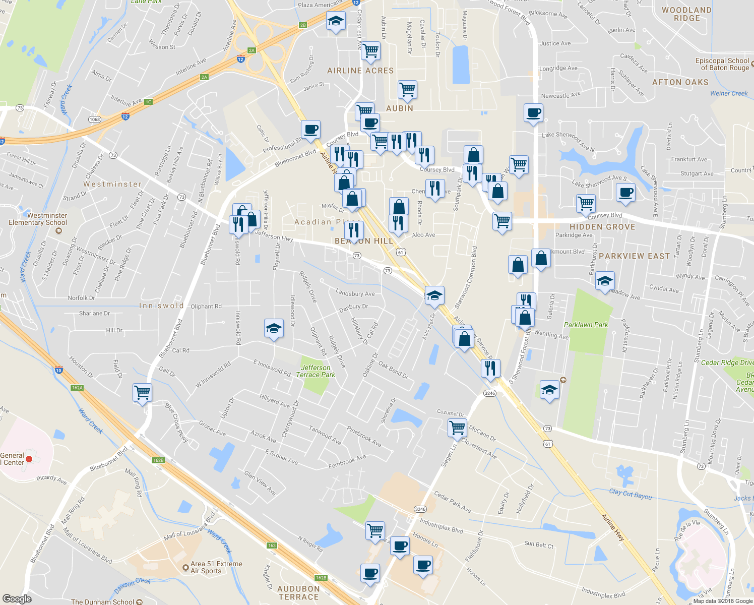 map of restaurants, bars, coffee shops, grocery stores, and more near 10829 Danbury Drive in Baton Rouge