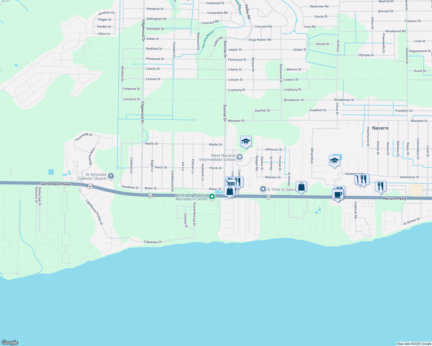 map of restaurants, bars, coffee shops, grocery stores, and more near 1860 Sparrow Lane in Navarre