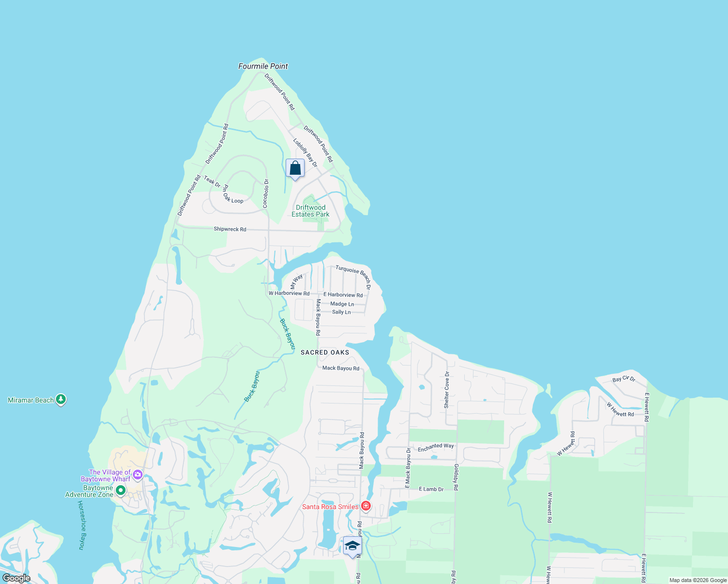 map of restaurants, bars, coffee shops, grocery stores, and more near 251 East Harborview Road in Santa Rosa Beach