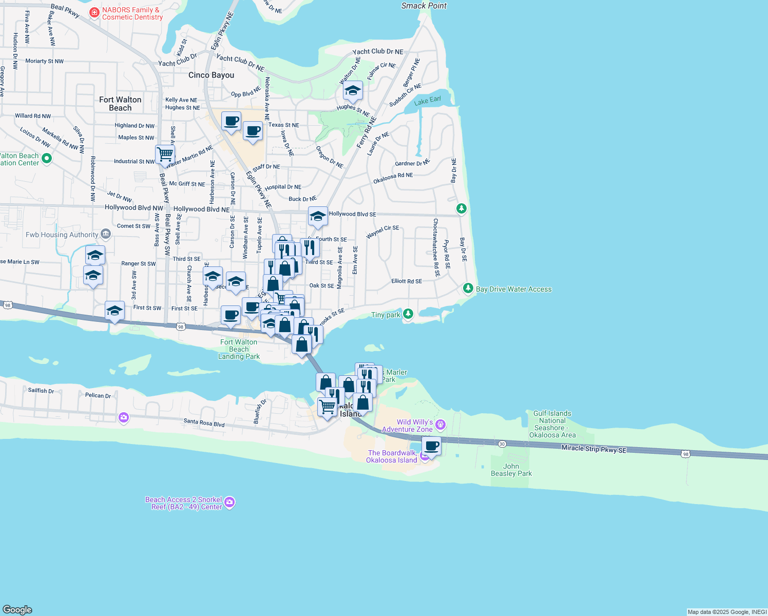 map of restaurants, bars, coffee shops, grocery stores, and more near 318 Brooks Street Southeast in Fort Walton Beach