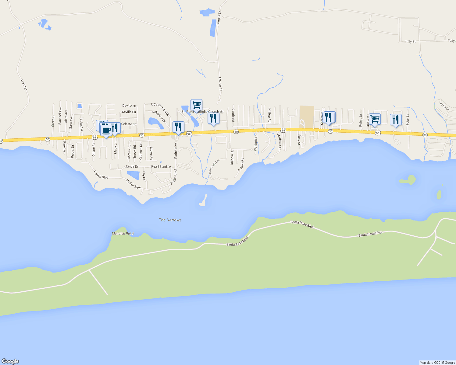 map of restaurants, bars, coffee shops, grocery stores, and more near 220 Tecumseh Lane in Mary Esther