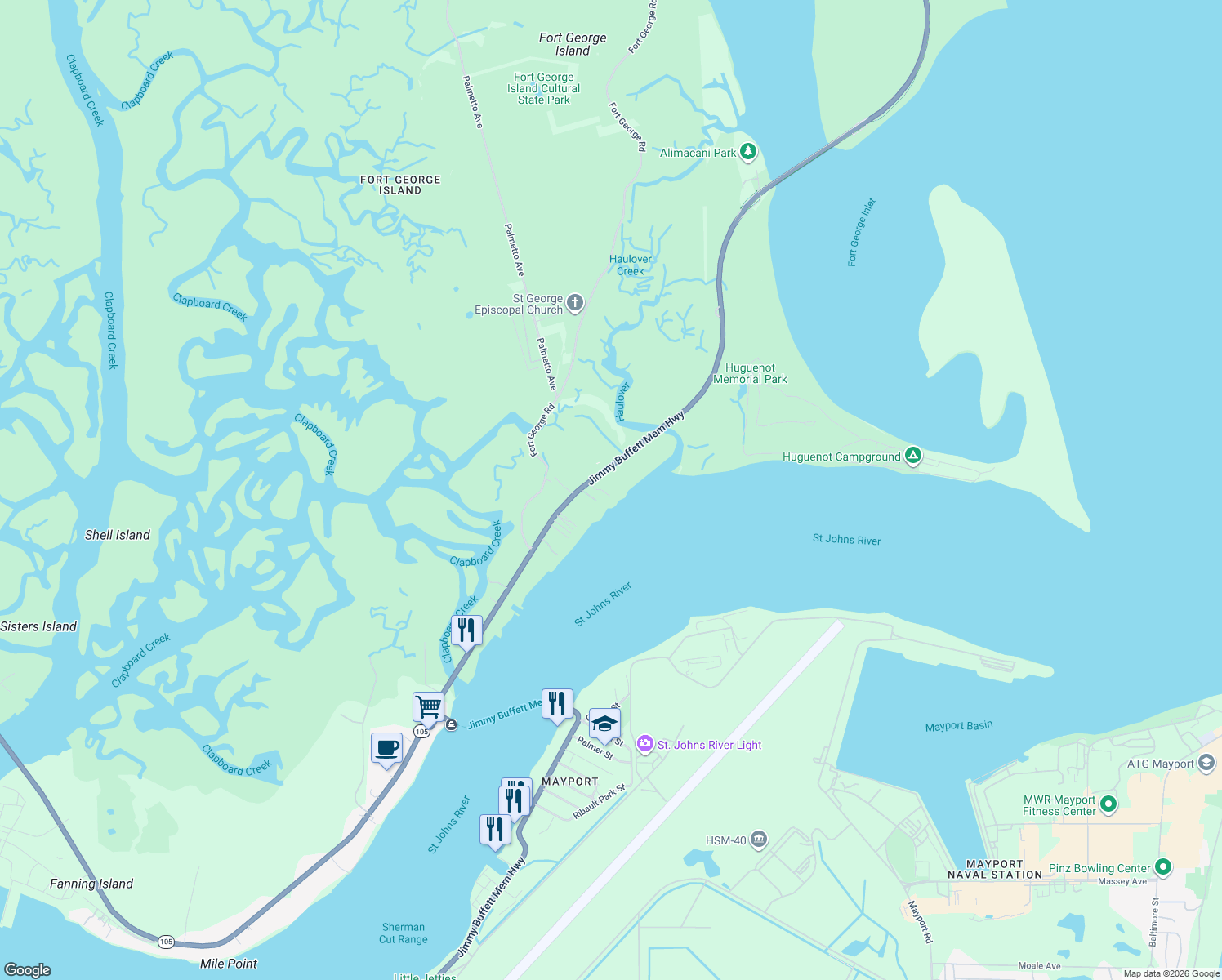 map of restaurants, bars, coffee shops, grocery stores, and more near 10170 Heckscher Drive in Jacksonville