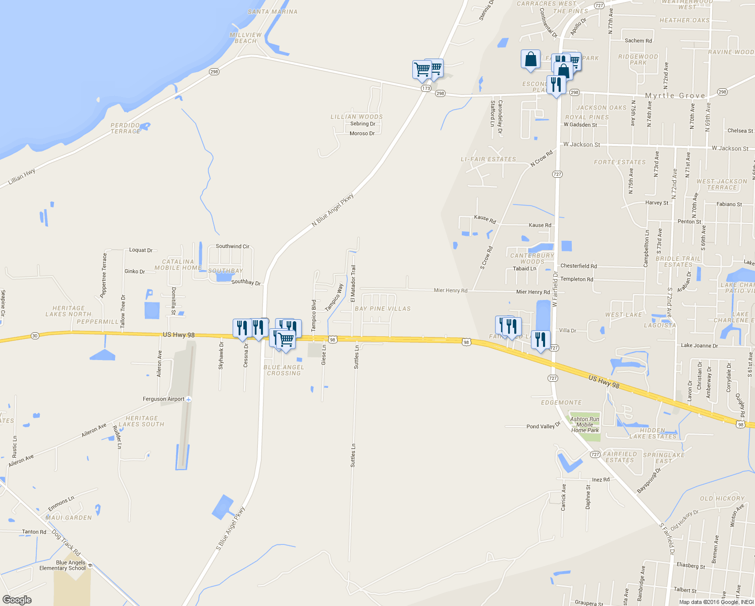 map of restaurants, bars, coffee shops, grocery stores, and more near 417 Shadow Way Lane in Pensacola