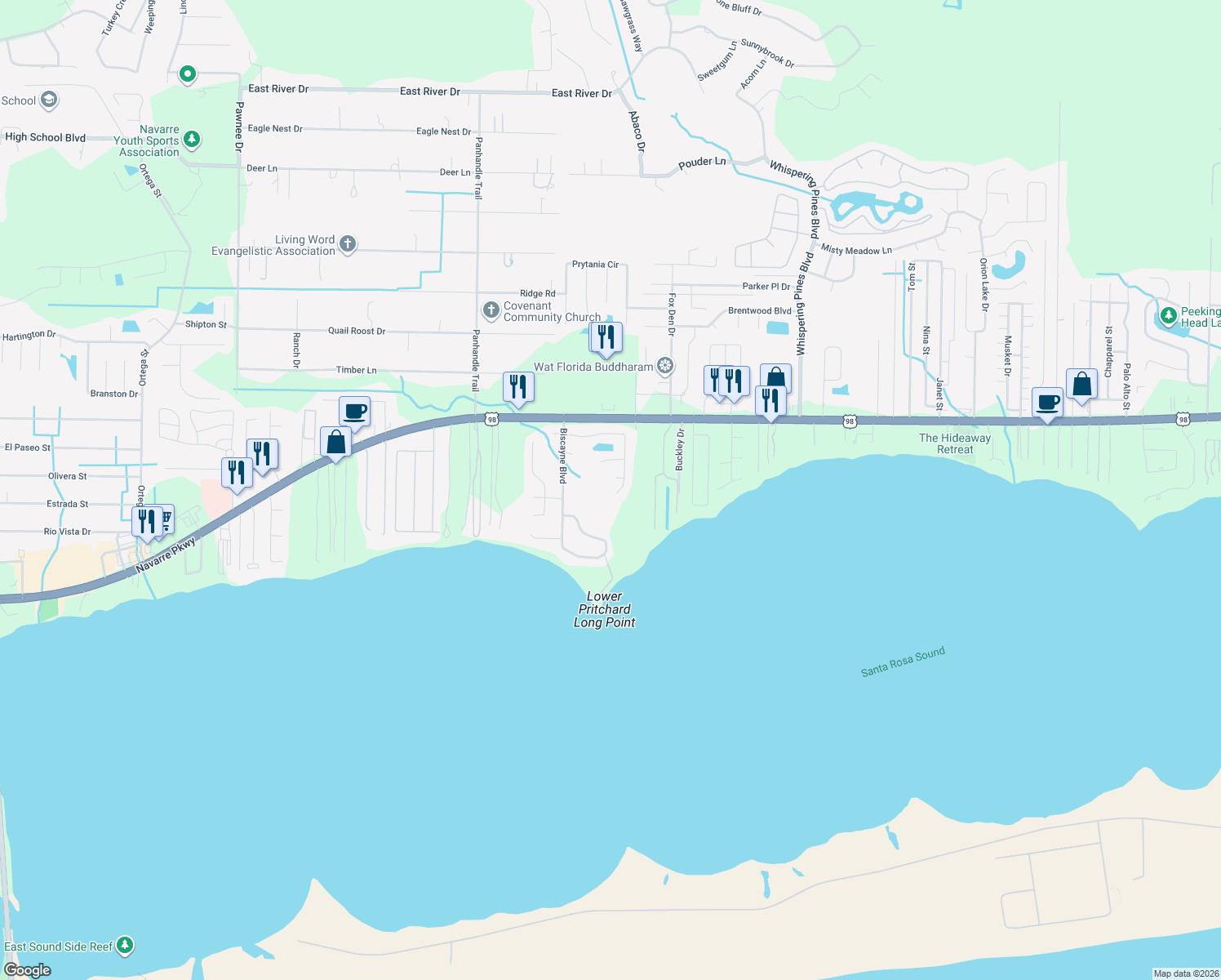 map of restaurants, bars, coffee shops, grocery stores, and more near 9383 Vandivere Drive in Navarre