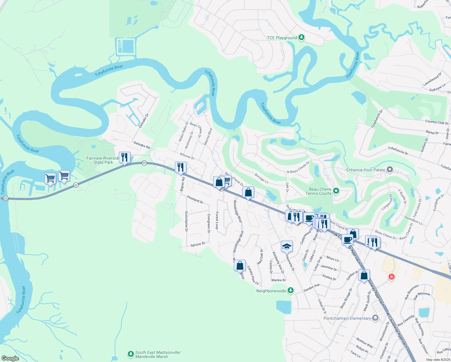 map of restaurants, bars, coffee shops, grocery stores, and more near 106 Pecaniere Pl in Mandeville