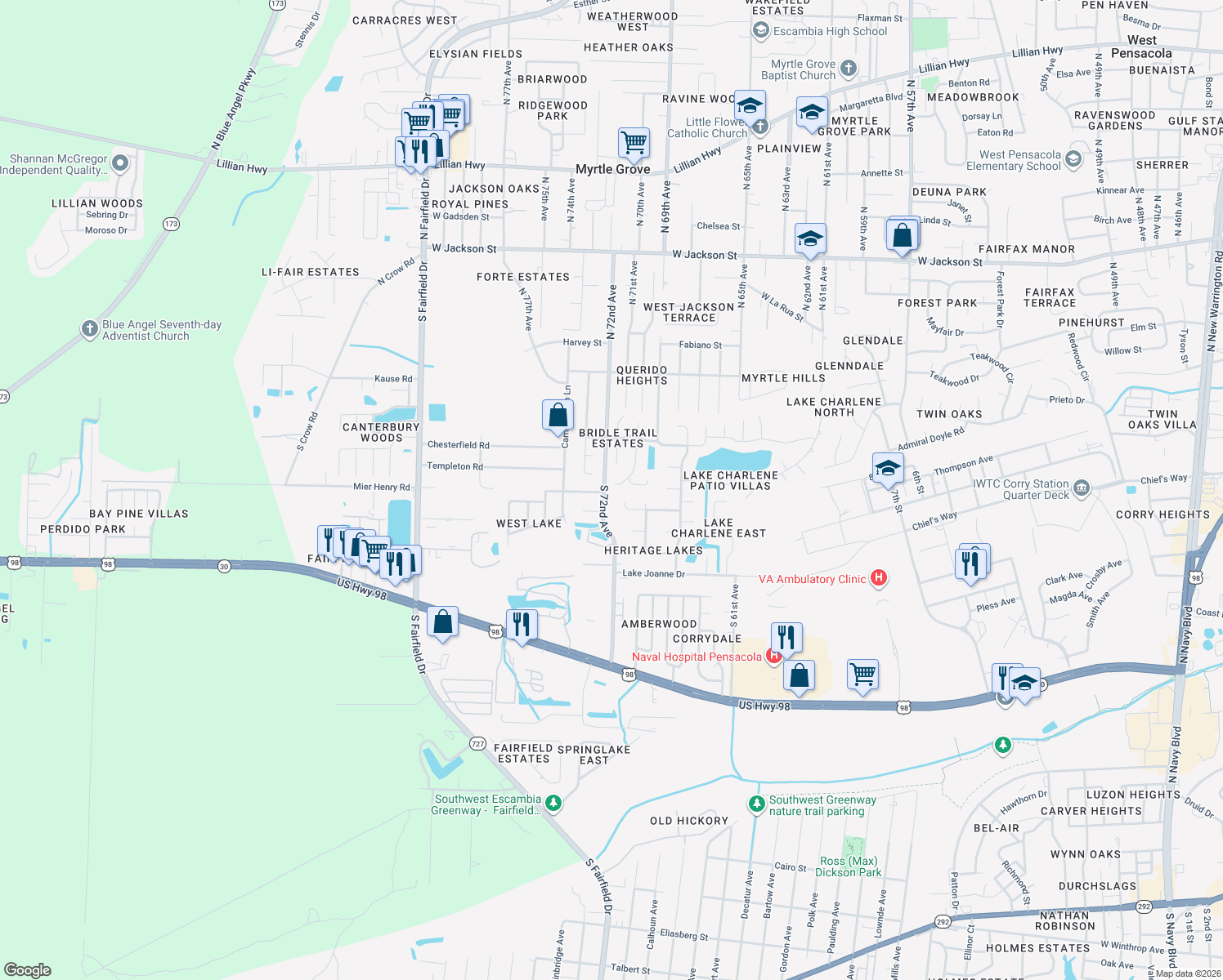 map of restaurants, bars, coffee shops, grocery stores, and more near 364 Arabian Drive in Pensacola
