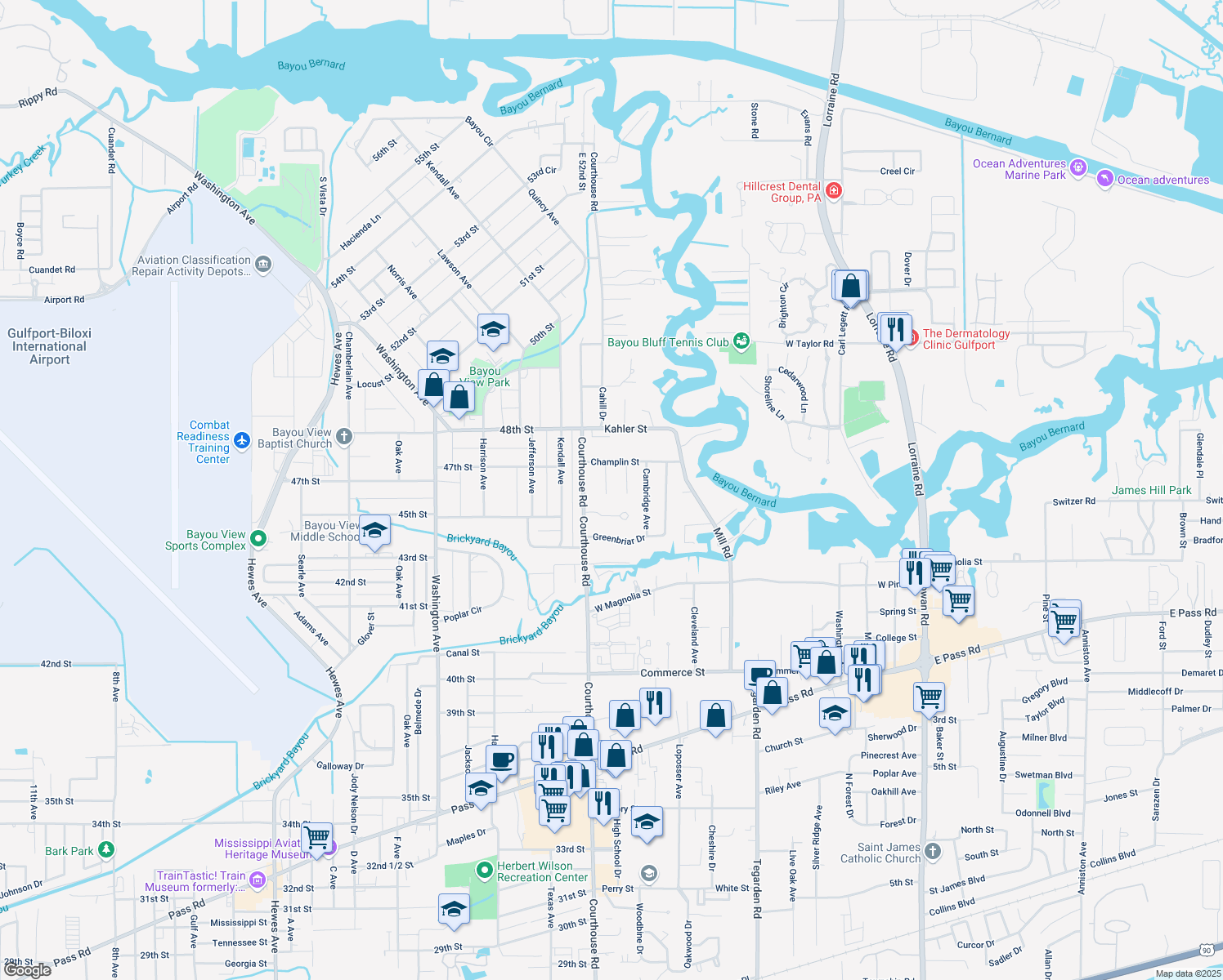 map of restaurants, bars, coffee shops, grocery stores, and more near 1440 Champlin Circle in Gulfport