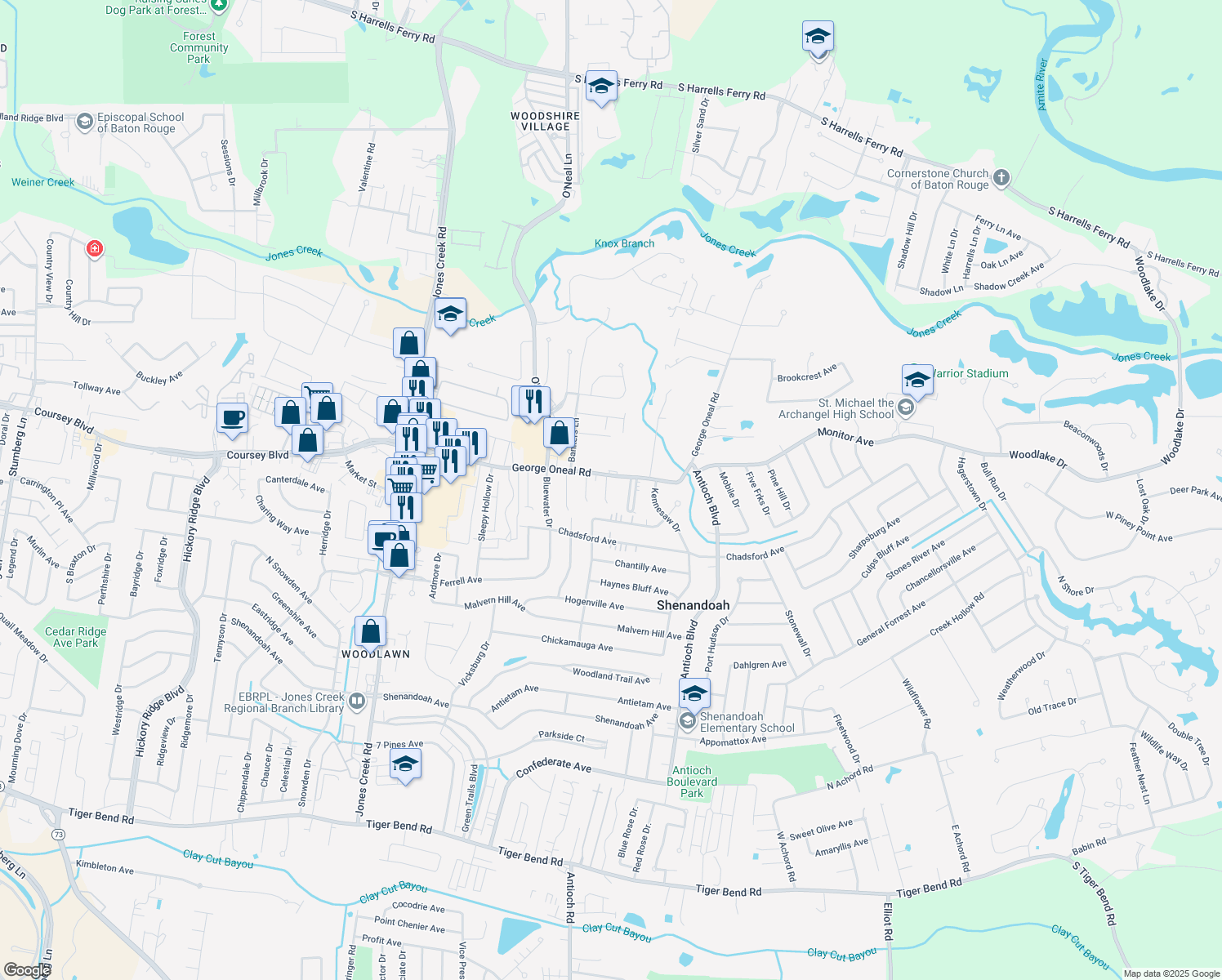 map of restaurants, bars, coffee shops, grocery stores, and more near 5127 Carnifix Court in Baton Rouge