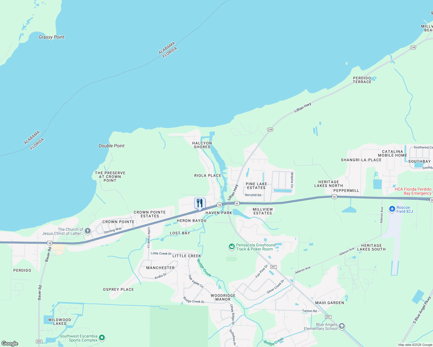 map of restaurants, bars, coffee shops, grocery stores, and more near 560 Riola Place in Pensacola