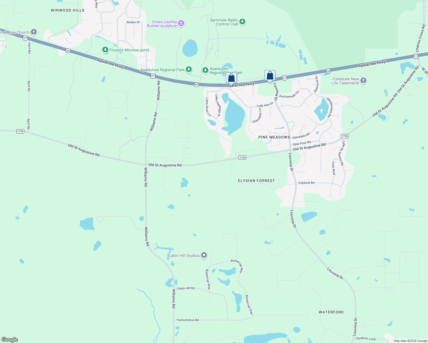 map of restaurants, bars, coffee shops, grocery stores, and more near 7537 Old Saint Augustine Road in Tallahassee