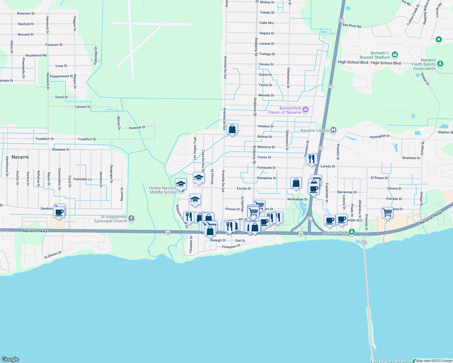 map of restaurants, bars, coffee shops, grocery stores, and more near 2022 Avenida De Sol in Navarre