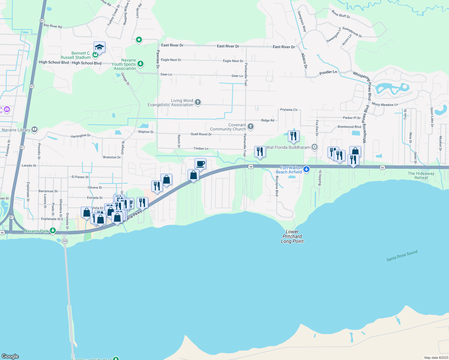 map of restaurants, bars, coffee shops, grocery stores, and more near 2042 Tampa Boulevard in Navarre