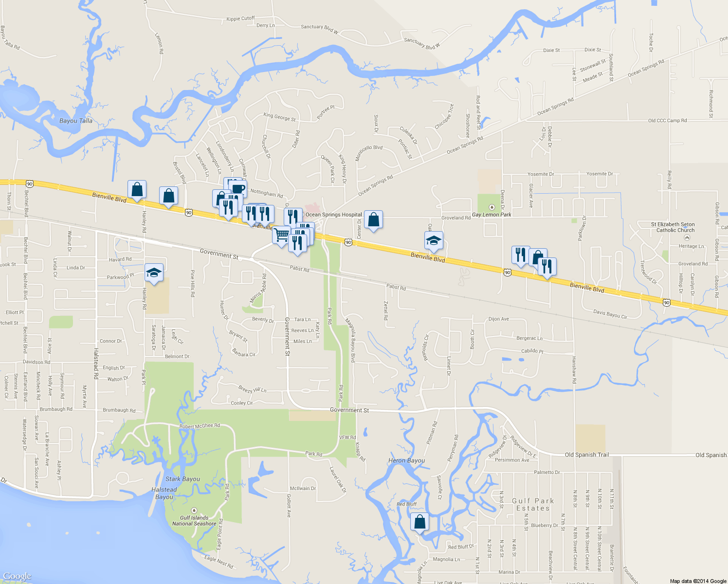 map of restaurants, bars, coffee shops, grocery stores, and more near 3040 Pabst Rd in Ocean Springs