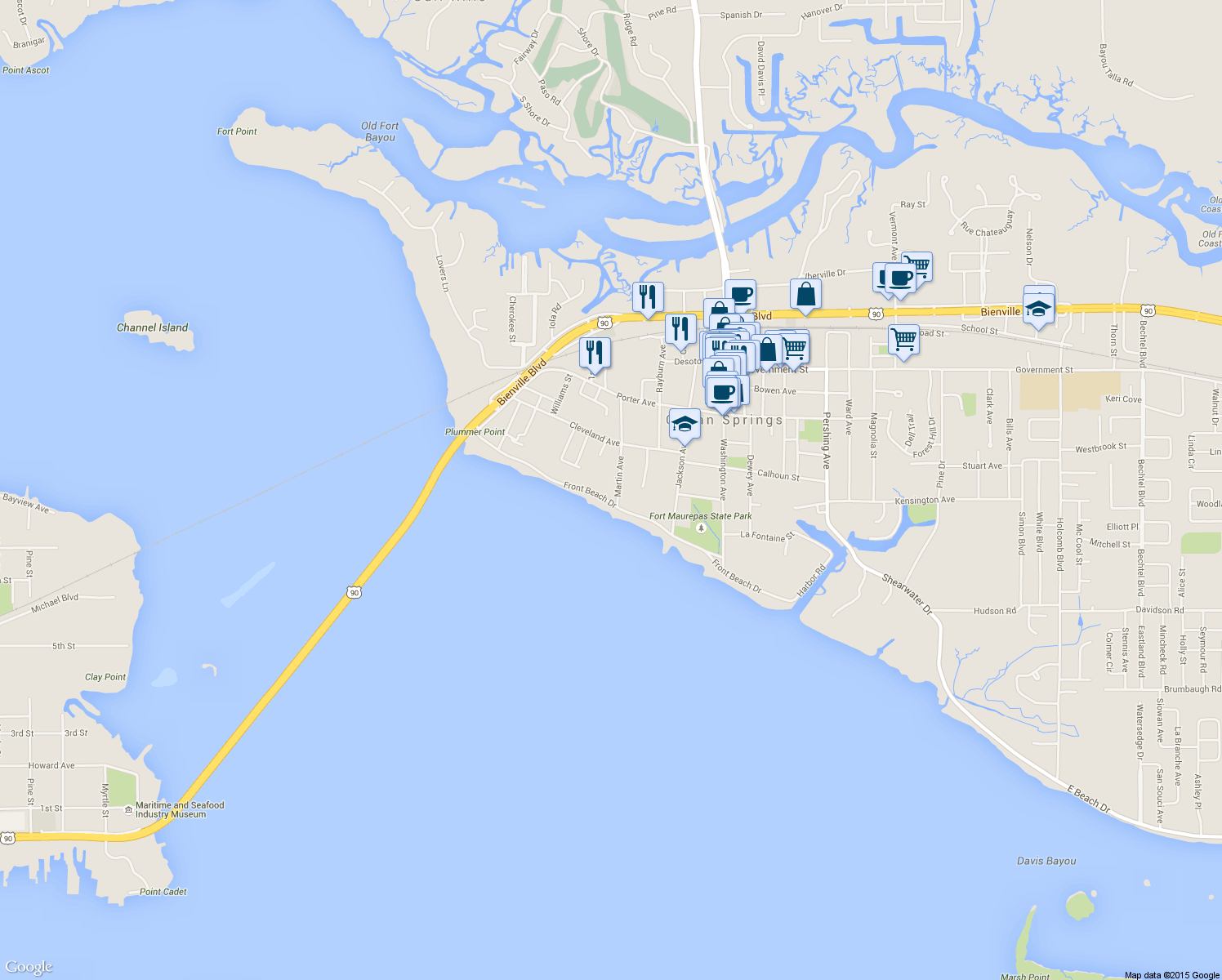 map of restaurants, bars, coffee shops, grocery stores, and more near 265 Front Beach Drive in Ocean Springs