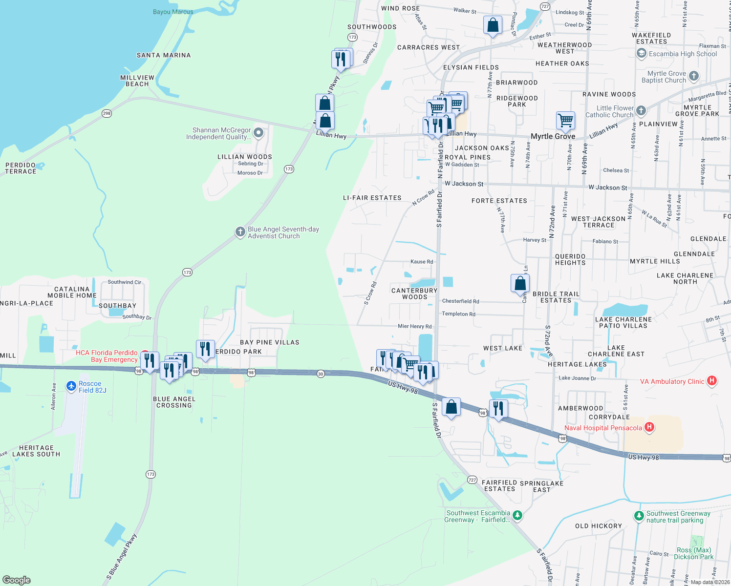 map of restaurants, bars, coffee shops, grocery stores, and more near 205 South Crow Road in Pensacola