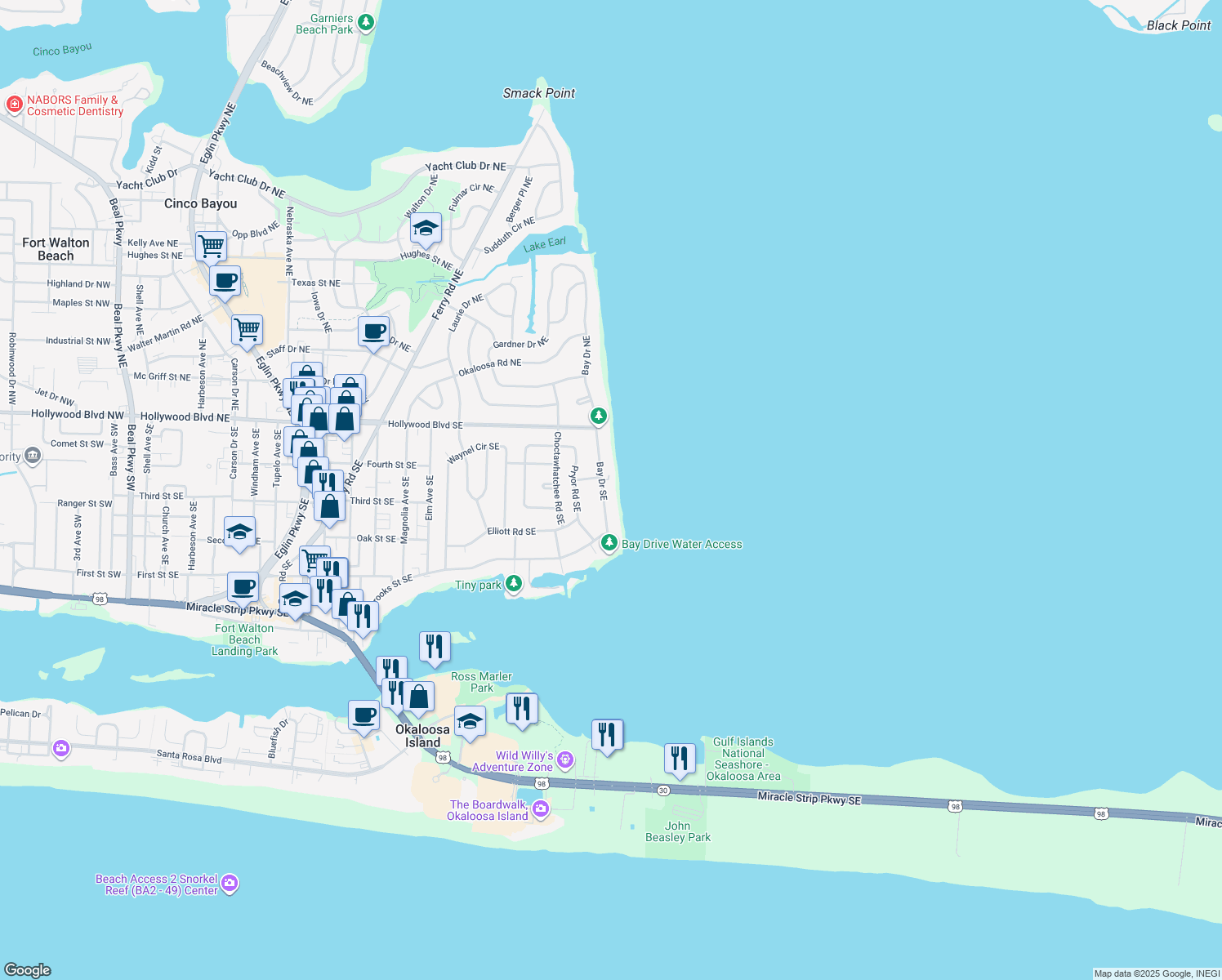 map of restaurants, bars, coffee shops, grocery stores, and more near 25 Bay Drive Southeast in Fort Walton Beach
